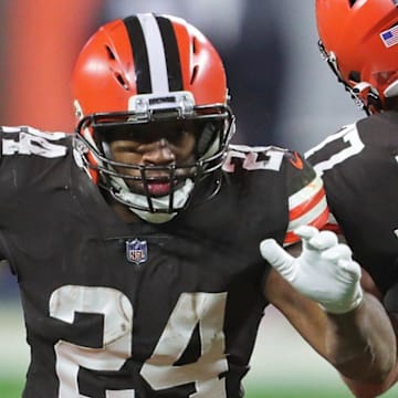 Browns running back Nick Chubb (24) rushes into the end zone for a touchdown during the first half of an NFL football game against the Baltimore Ravens, Monday, Dec. 14, 2020, in Cleveland, Ohio. [Jeff Lange/Beacon Journal]