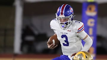 St. Bonaventure's Dylan Dunst tackles Folsom quarterback Ryder Lyons during the fourth quarter of the CIF-State Division 1-A state championship bowl at Saddleback College in Mission Viejo on Saturday, Dec. 9, 2023. St. Bonaventure lost 20-14.