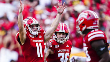 Dec 4, 2021; Lafayette, LA, USA; Louisiana Ragin Cajuns wide receiver Dalen Cambre (11) celebrates after a field goal during the second quarter against Appalachian State.