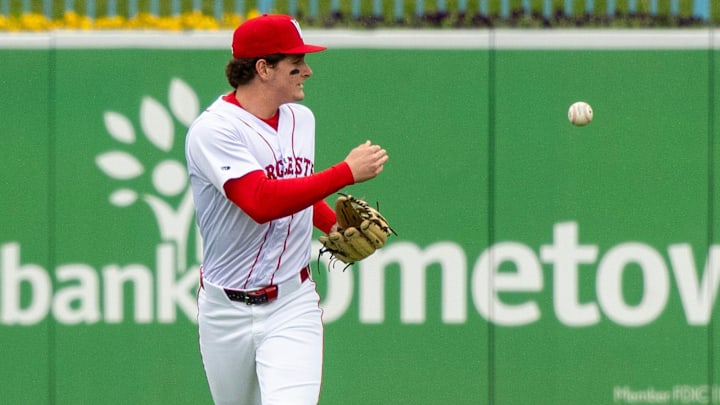 Worcester left fielder Roman Anthony tosses the ball after catching a fly ball against the Durham Bulls May 23. Worcester left fielder Roman Anthony tosses the ball after catching a fly ball against the Durham Bulls May 23.