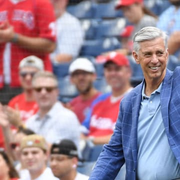 Aug 18, 2024; Philadelphia, Pennsylvania, USA; Former Philadelphia Phillies president Dave Dombrowski during Phillies Alumni Weekend and the 20th anniversary of Citizens Bank Park before game against the Washington Nationals at Citizens Bank Park. 