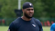 Tennessee Titans tackle Dan Moore Jr. finishes up practice during OTAs.