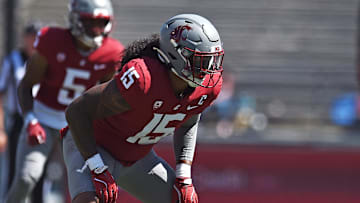 Aug 31, 2024; Pullman, Washington, USA; Washington State Cougars edge Nusi Malani (15) comes set for a play against the Portland State Vikings in the first half at Gesa Field at Martin Stadium. Mandatory Credit: James Snook-USA TODAY Sports