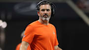 Aug 29, 2021; Atlanta, Georgia, USA; Cleveland Browns head coach Kevin Stefanski reacts to a call during their game against the Atlanta Falcons at Mercedes-Benz Stadium. Mandatory Credit: Jason Getz-Imagn Images