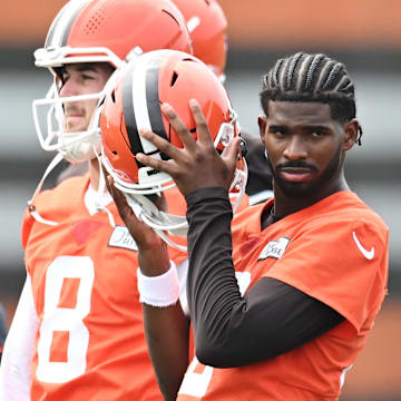 Jun 12, 2025; Berea, OH, USA; Cleveland Browns quarterback Shedeur Sanders (12) listens to a play call during mini camp at CrossCountry Mortgage Campus. Mandatory Credit: Ken Blaze-Imagn Images