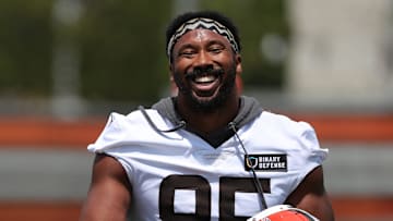 Cleveland Browns defensive end Myles Garrett smiles during minicamp.