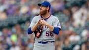 Jun 8, 2025; Denver, Colorado, USA; New York Mets relief pitcher Paul Blackburn (58) in the eighth inning against the Colorado Rockies at Coors Field. Mandatory Credit: Isaiah J. Downing-Imagn Images