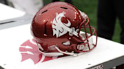Nov 25, 2016; Pullman, WA, USA; Washington State Cougars football helmet sits during a game against the Washington Huskies during the first half at Martin Stadium. Mandatory Credit: James Snook-Imagn Images