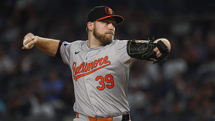 Sep 26, 2024; Bronx, New York, USA; Baltimore Orioles starting pitcher Corbin Burnes (39) delivers a pitch during the first inning against the New York Yankees at Yankee Stadium. Sep 26, 2024; Bronx, New York, USA; Baltimore Orioles starting pitcher Corbin Burnes (39) delivers a pitch during the first inning against the New York Yankees at Yankee Stadium.