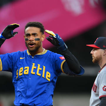 Seattle Mariners center fielder Julio Rodriguez (44) celebrates after hitting a double against Cleveland Guardians during the third inning at T-Mobile Park on July 13.