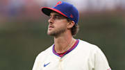 Apr 5, 2025; Philadelphia, Pennsylvania, USA; Philadelphia Phillies pitcher Aaron Nola (27) before action against the Los Angeles Dodgers at Citizens Bank Park