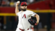 May 27, 2025; Phoenix, Arizona, USA; Arizona Diamondbacks pitcher Kendall Graveman against the Pittsburgh Pirates at Chase Field. Mandatory Credit: Mark J. Rebilas-Imagn Images