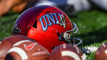 Oct 22, 2022; South Bend, Indiana, USA; A UNLV helmet sits on the field during the game between the Notre Dame Fighting Irish and the UNLV Rebels at Notre Dame Stadium. Mandatory Credit: Matt Cashore-Imagn Images