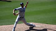 Apr 18, 2021; San Diego, California, USA; Los Angeles Dodgers relief pitcher Scott Alexander (75) pitches against the San Diego Padres during the eighth inning at Petco Park. Mandatory Credit: Orlando Ramirez-Imagn Images