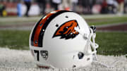 Oct 12, 2013; Pullman, WA, USA; Oregon State Beavers helmet sits on the sideline before a game against the Washington State Cougars at Martin Stadium. Mandatory Credit: James Snook-Imagn Images