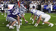 Sep 21, 2024; Provo, Utah, USA;  The Kansas State Wildcats offense lines up against the Brigham Young Cougars defense during the first quarter at LaVell Edwards Stadium. Mandatory Credit: Rob Gray-Imagn Images