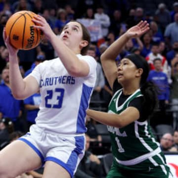 Emmi Almeida goes up for a layup in Caruthers' 54-48 state-championship win over Granada Hills Charter in 2024. Almeida had 21 points, nine rebounds and six assists in the game. 