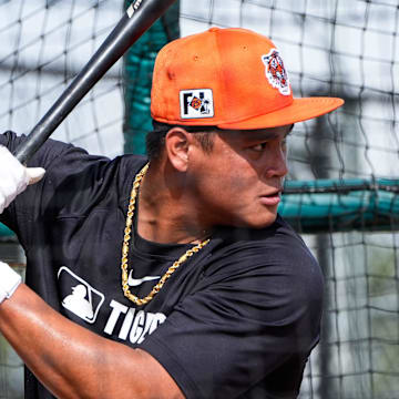 Detroit Tigers infielder Hao-Yu Lee bats during spring training at TigerTown in Lakeland, Fla. on Sunday, Feb. 16, 2025.