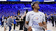 May 28, 2025; Oklahoma City, Oklahoma, USA; Oklahoma City Thunder forward Jalen Williams (8) celebrate after defeating the Minnesota Timberwolves game five to win western conference finals to win the 2025 NBA Playoffs at Paycom Center. Mandatory Credit: Alonzo Adams-Imagn Images