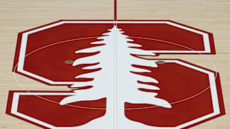 Feb 10, 2024; Stanford, California, USA; The Stanford Cardinal logo at center court before the game between the Stanford Cardinal and the USC Trojans at Maples Pavilion. Mandatory Credit: Robert Edwards-Imagn Images