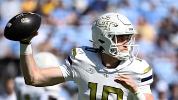 Oct 12, 2024; Chapel Hill, North Carolina, USA; Georgia Tech Yellow Jackets quarterback Haynes King (10) looks to pass in the first quarter at Kenan Memorial Stadium. Mandatory Credit: Bob Donnan-Imagn Images