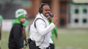 Nov 27, 2021; Huntington, West Virginia, USA; Marshall Thundering Herd head coach Charles Huff yells during the first quarter against the Western Kentucky Hilltoppers at Joan C. Edwards Stadium. Mandatory Credit: Ben Queen-Imagn Images