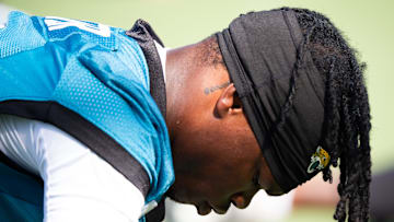 Jacksonville Jaguars wide receiver Travis Hunter (12) stretches during the Jacksonville Jaguars’ third mandatory minicamp Thursday June 12, 2025 at the Miller Electric Center in Jacksonville, Fla. [Doug Engle/Florida Times-Union]