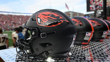 Sep 23, 2023; Pullman, Washington, USA; Oregon State Beavers helmet sits during a game against the Washington State Cougars in the first half at Gesa Field at Martin Stadium. Mandatory Credit: James Snook-Imagn Images