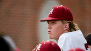 Alabama pitcher Brock Blatter (24) watches the game against Auburn at Sewell-Thomas Stadium Friday, April 14, 2023 in Tuscaloosa.

Baseball Alabama Vs Auburn