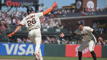 San Francisco, California, USA; San Francisco Giants third baseman Matt Chapman (26) celebrates after hitting a walk off home run against the Atlanta Braves during the ninth inning at Oracle Park.