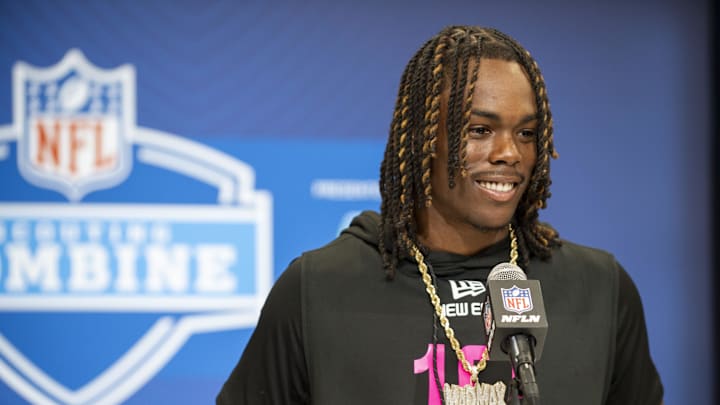Feb 27, 2025; Indianapolis, IN, USA; Kentucky defensive back Max Hairston (DB10) during the 2025 NFL Combine at Lucas Oil Stadium. Feb 27, 2025; Indianapolis, IN, USA; Kentucky defensive back Max Hairston (DB10) during the 2025 NFL Combine at Lucas Oil Stadium.