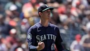 Seattle Mariners pitcher George Kirby (69) celebrates at the end of the seventh inning against the Los Angeles Angels at Angel Stadium on June 8.