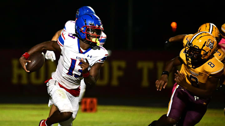King's Academy wide receiver Javian Jones accelerates after a catch during a regular season 17-14 loss against Glades Central on Oct. 24, 2024. King's Academy wide receiver Javian Jones accelerates after a catch during a regular season 17-14 loss against Glades Central on Oct. 24, 2024.