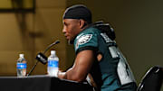 Jun 10, 2025; Philadelphia, PA, USA; Philadelphia Eagles running back Saquon Barkley (26) addresses media during a press conference at NovaCare Complex. Mandatory Credit: Kyle Ross-Imagn Images