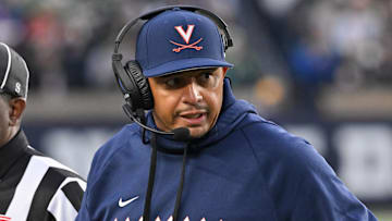 Nov 16, 2024; South Bend, Indiana, USA; Virginia Cavaliers head coach Tony Elliott watches in the second quarter against the Notre Dame Fighting Irish at Notre Dame Stadium. Mandatory Credit: Matt Cashore-Imagn Images