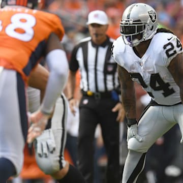 Sep 16, 2018; Denver, CO, USA; Oakland Raiders running back Marshawn Lynch (24) during the third quarter against the Denver Broncos at Broncos Stadium at Mile High. Mandatory Credit: Ron Chenoy-Imagn Images