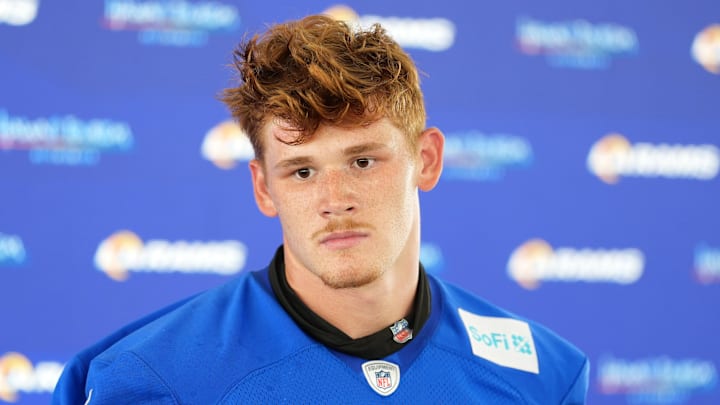 May 28, 2025; Woodland Hills, CA, USA; Los Angeles Rams tight end Terrance Ferguson (18) at press conference during organized team activities at Rams Practice Facility. Mandatory Credit: Kirby Lee-Imagn Images