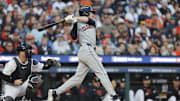 Oct 10, 2024; Detroit, Michigan, USA; Cleveland Guardians first base Kyle Manzardo (9) hits a single in the first inning against the Detroit Pistons during game four of the ALDS for the 2024 MLB Playoffs at Comerica Park. Mandatory Credit: Rick Osentoski-Imagn Images