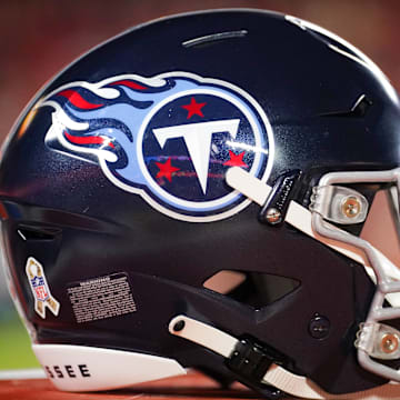 Nov 6, 2022; Kansas City, Missouri, USA; A general view of a Tennessee Titans helmet against the Kansas City Chiefs prior to the game at GEHA Field at Arrowhead Stadium. Mandatory Credit: Denny Medley-Imagn Images