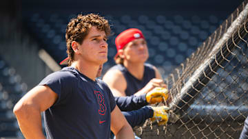 Roman Anthony watches a ball during batting practice at Polar Park on April 24, 2025.