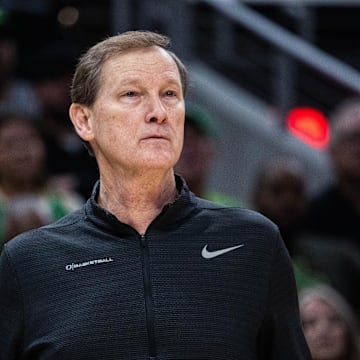 Mar 14, 2025; Indianapolis, IN, USA; Oregon Ducks head coach Dana Altman in the first half against the Michigan State Spartans at Gainbridge Fieldhouse. Mandatory Credit: Trevor Ruszkowski-Imagn Images