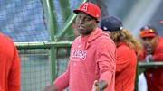 Former Los Angeles Angels player Torii Hunter, has been named special Assistant to the General manager, on the field during batting practice prior to the game against the Boston Red Sox at Angel Stadium in 2024.