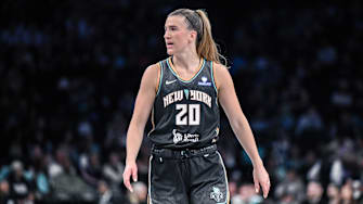 May 29, 2025; Brooklyn, New York, USA; New York Liberty guard Sabrina Ionescu (20) during the first half against the Golden State Valkyries at Barclays Center. Mandatory Credit: John Jones-Imagn Images