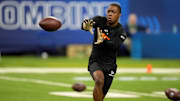 Mar 1, 2025; Indianapolis, IN, USA; Colorado wideout Lajohntay Wester (WO46) during the 2025 NFL Combine at Lucas Oil Stadium. Mandatory Credit: Kirby Lee-Imagn Images