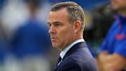 Dec 8, 2024; Inglewood, California, USA; Buffalo Bills general manager Brandon Beane reacts during the game.