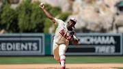 Jun 8, 2025; Anaheim, California, USA; Los Angeles Angels relief pitcher Jose Fermin (68) throws against the Seattle Mariners at Angel Stadium. Mandatory Credit: Kirby Lee-Imagn Images