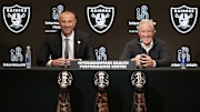 Jan 27, 2025; Las Vegas, NV, USA; Las Vegas Raiders general manager John Spytek (left) and coach Pete Carroll at press conference at Intermountain Health Performance Center. Mandatory Credit: Kirby Lee-Imagn Images
