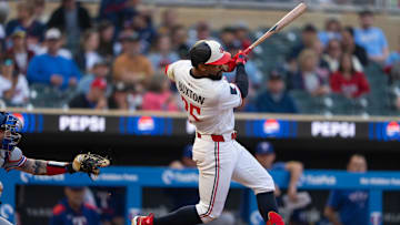 Minnesota Twins center fielder Byron Buxton hits a double during the fifth inning against the Texas Rangers at Target Field. 