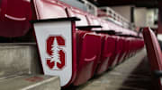 Dec 1, 2022; Stanford, California, USA; A detailed view of the Stanford logo on the seats before the game between the Stanford Cardinal and the UCLA Bruins at Maples Pavilion. Mandatory Credit: Stan Szeto-Imagn Images