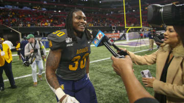 Dec 21, 2019; Atlanta, GA, USA; North Carolina A&T Aggies running back Jah-Maine Martin (30) talks to the media after a victory against the Alcorn State Braves in the Celebration Bowl at Mercedes-Benz Stadium. Mandatory Credit: Brett Davis-USA TODAY Sports